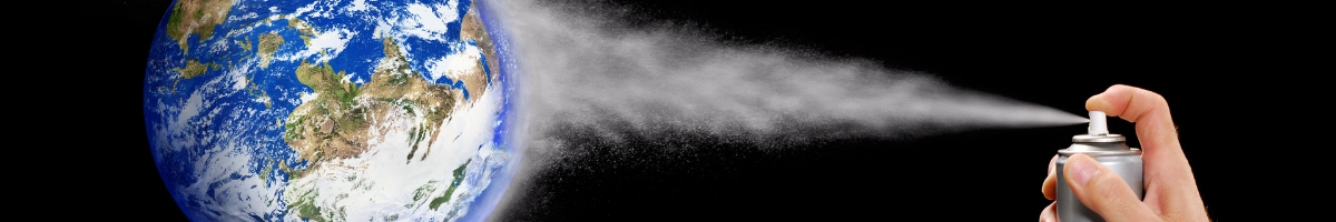 Une image de la planète terre vue de l'espace vaporisée par une bonbonne d'une produit chimique.  